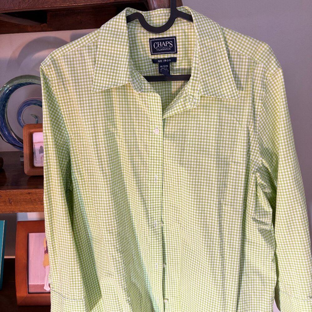 Chaps Classics lime green and white checked women's button-up shirt